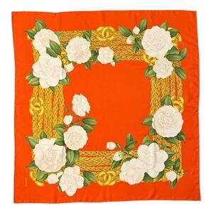 Vintage CHANEL Large Silk Scarf with Floral and Chain Motifs